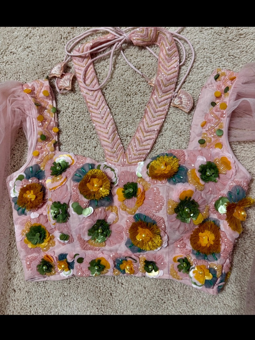 Light Pink Sequined  Floral Crop Top Blouse with long net sleeves